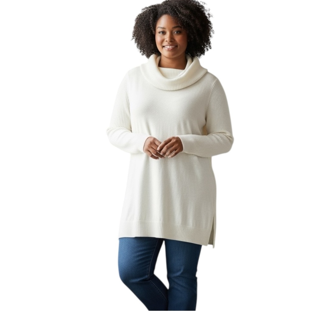 Crown & Ivy Sweater‎ Pullover Cowl Neck Ribbed Sleeves, Off White, Size OX/XL